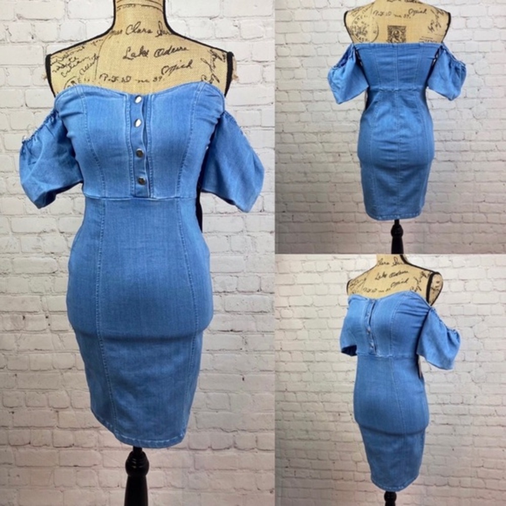 Haute Monde Strapless Denim Puff Sleeve Bodycon Dress
